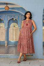Load image into Gallery viewer, BORAGE MIDI dress - brown with red butis

