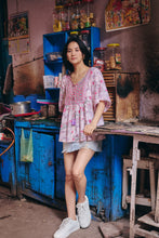 Load image into Gallery viewer, the CELERY top - soft pink jaal/lurex block printed

