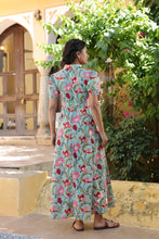 Load image into Gallery viewer, The MALABAR maxi (1/2 sleeves)- blue with red floral
