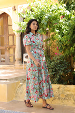 Load image into Gallery viewer, The MALABAR maxi (1/2 sleeves)- blue with red floral
