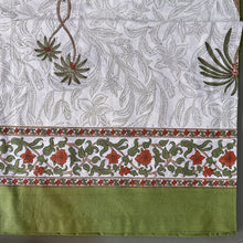 Load image into Gallery viewer, Forest green 6 seater Table cloth - block printed green jaal all over
