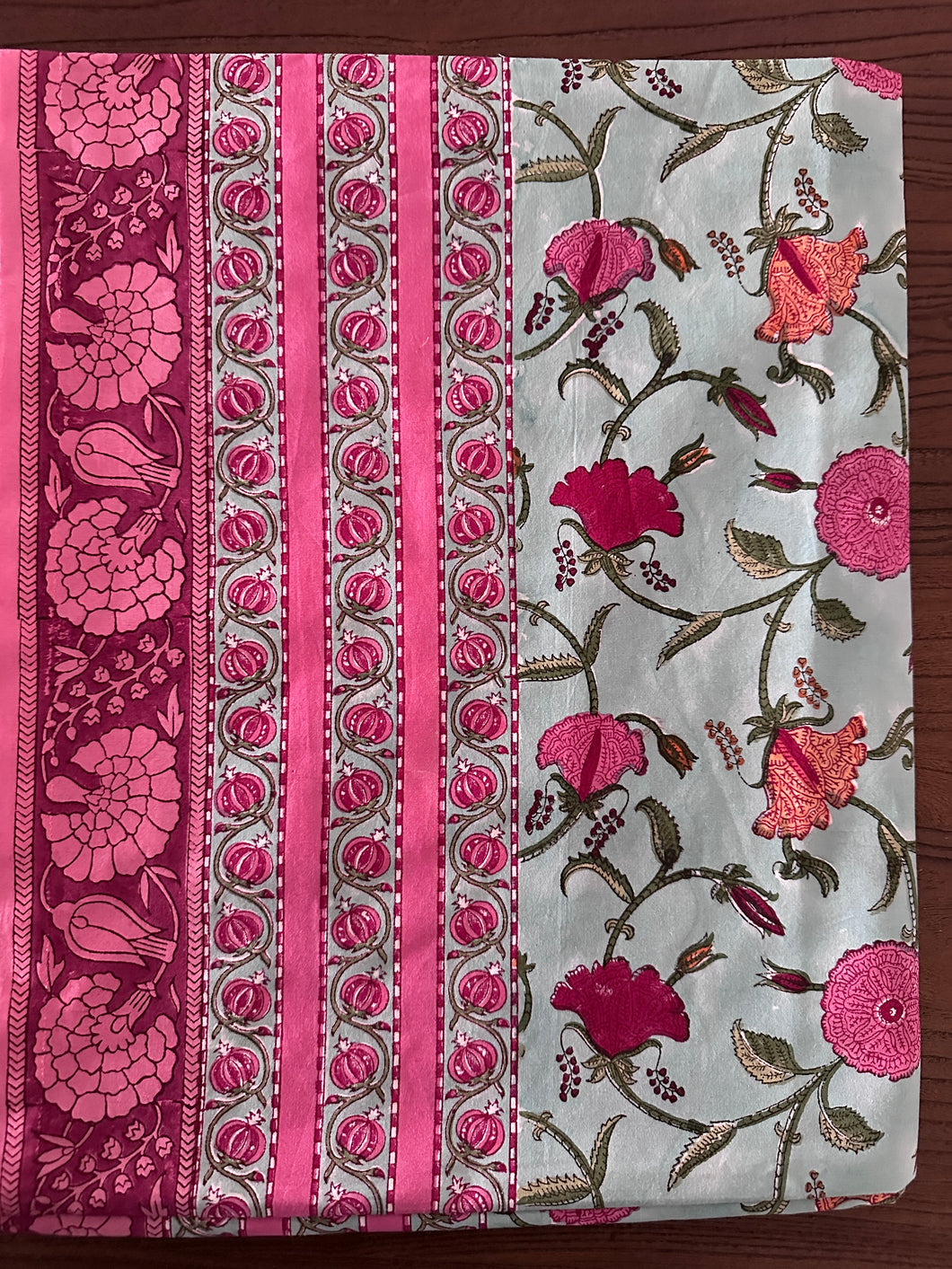 Turquoise blue with pink floral 6 seater Table cloth - block printed green jaal all over