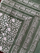 Load image into Gallery viewer, Forest green 6 seater Table cloth - block printed green jaal all over
