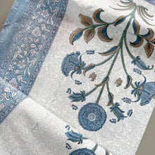 Load image into Gallery viewer, Cream with blue floral 6 seater Table cloth - block printed green jaal all over
