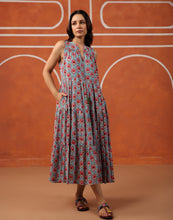 Load image into Gallery viewer, BORAGE MIDI dress - turquoise blue with pink butis
