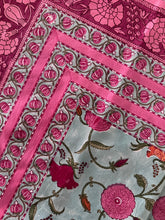 Load image into Gallery viewer, Turquoise blue with pink floral 6 seater Table cloth - block printed green jaal all over
