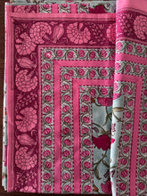 Load image into Gallery viewer, Turquoise blue with pink floral 6 seater Table cloth - block printed green jaal all over
