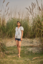 Load image into Gallery viewer, the GINKO top - light blue stripes with pink buta
