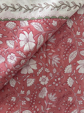 Load image into Gallery viewer, Peach pink floral 6 seater Table cloth - block printed green jaal all over
