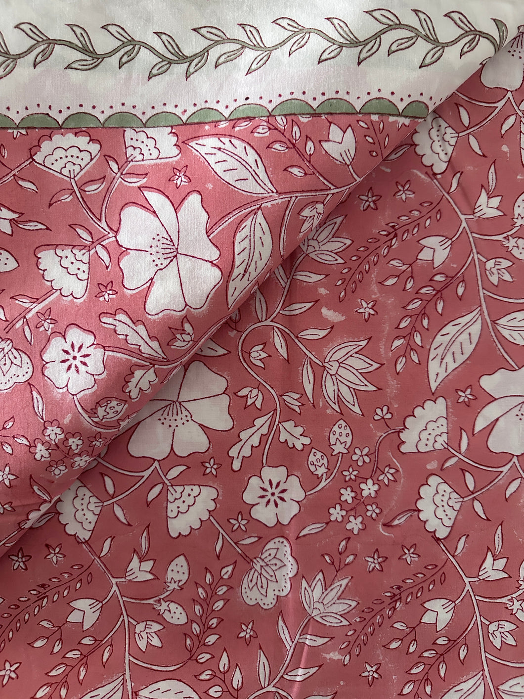 Peach pink floral 6 seater Table cloth - block printed green jaal all over