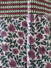 Load image into Gallery viewer, Cream with pink floral 6 seater Table cloth - block printed green jaal all over
