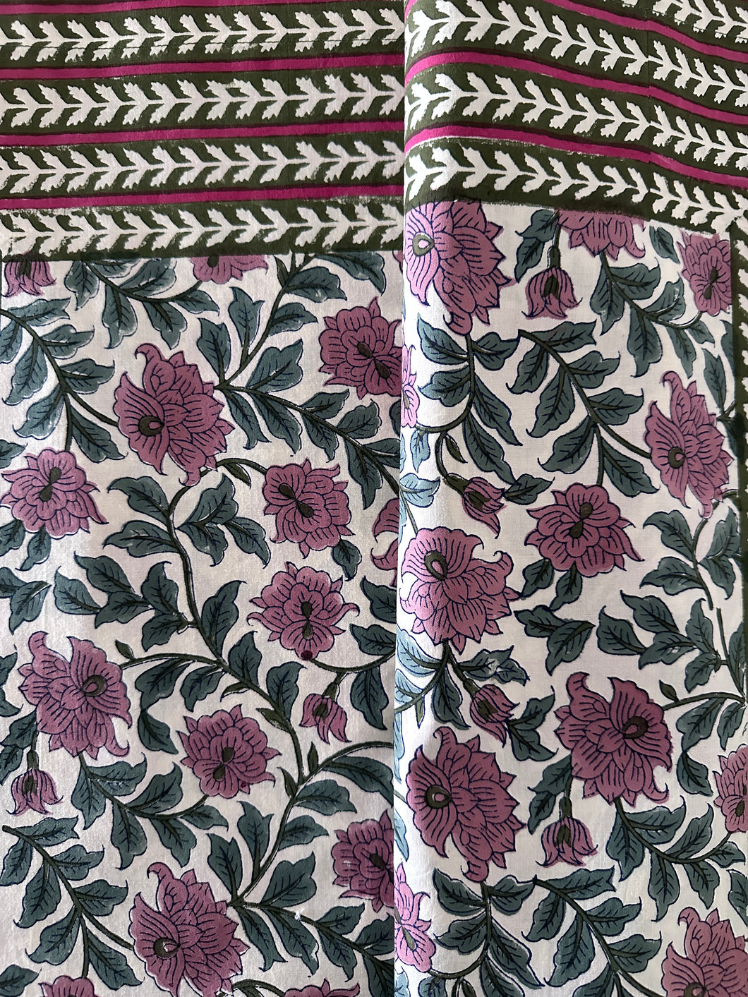 Cream with pink floral 6 seater Table cloth - block printed green jaal all over