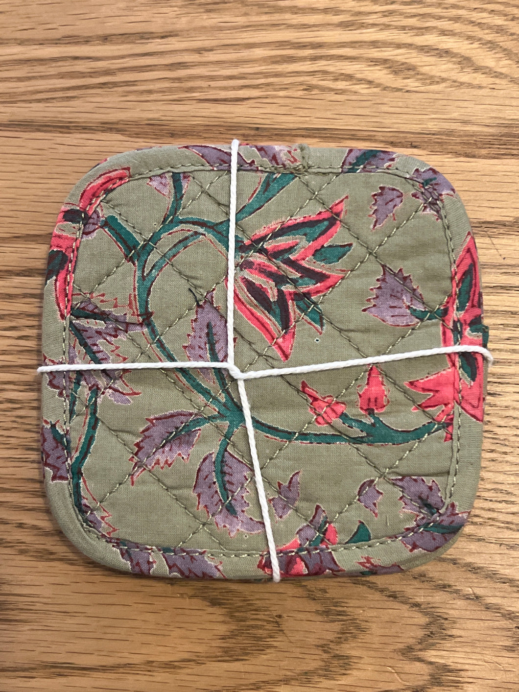 Quilted coasters (set of 6) - pea green w/ fuchsia floral