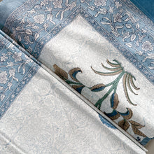 Load image into Gallery viewer, Cream with blue floral 6 seater Table cloth - block printed green jaal all over
