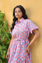 Load image into Gallery viewer, the PARSLEY MIDI dress - blue with pink &amp; red butis
