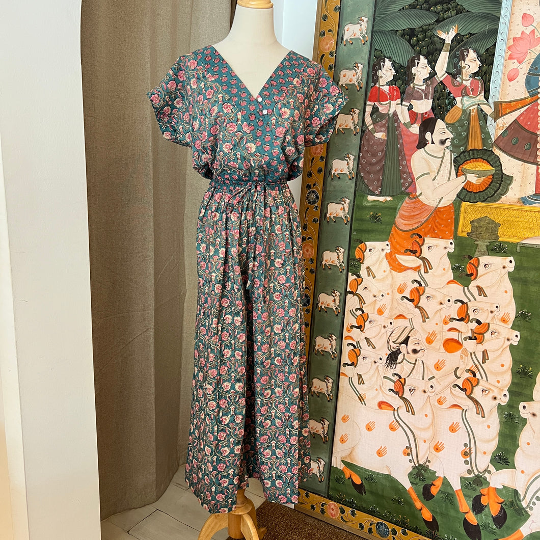 JUMPSUIT - royal green w/ pink floral