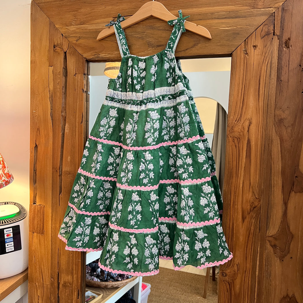 Kids tiered maxi dress - green w/ pink trimmings
