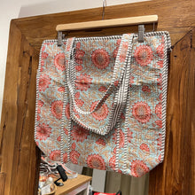 Load image into Gallery viewer, Quilted Tote bag (WITH ZIP) - Soft blue with pink floral
