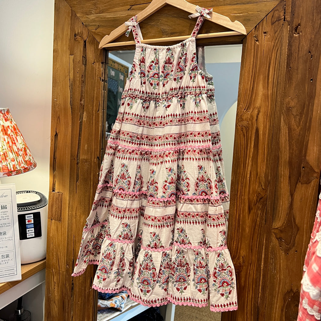 Kids tiered maxi dress - white w/ soft pink buta