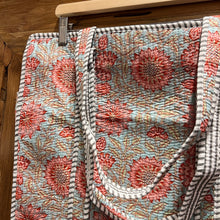 Load image into Gallery viewer, Quilted Tote bag (WITH ZIP) - Soft blue with pink floral
