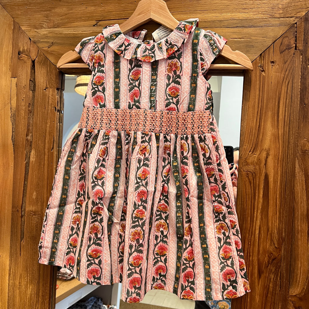 Kids Smocked dress with lining - pink green floral