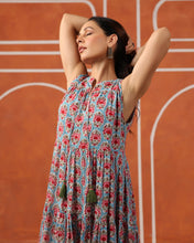 Load image into Gallery viewer, BORAGE MIDI dress - turquoise blue with pink butis
