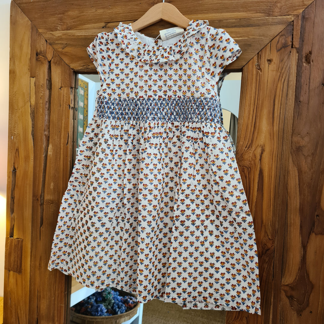 Kids Smocked dress with lining - white with yellow red butis