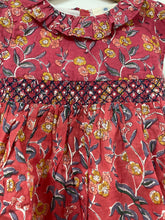 Load image into Gallery viewer, Red floral kids Smocked dress with lining - block printed
