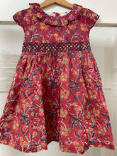 Load image into Gallery viewer, Red floral kids Smocked dress with lining - block printed
