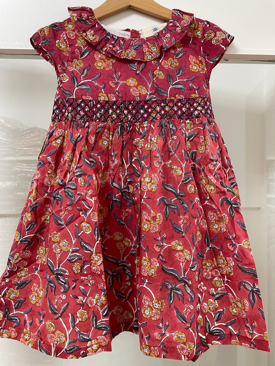 Red floral kids Smocked dress with lining - block printed