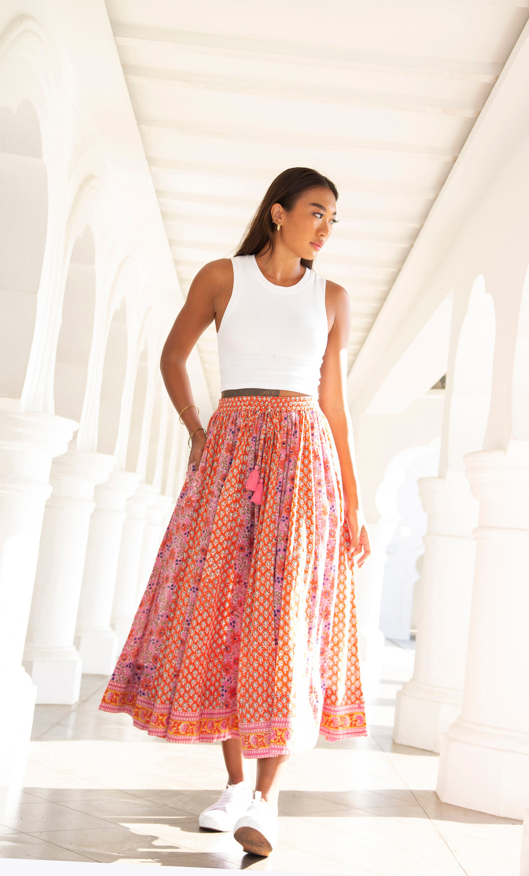 Benaras Panelled skirt with pockets -  orange & pink