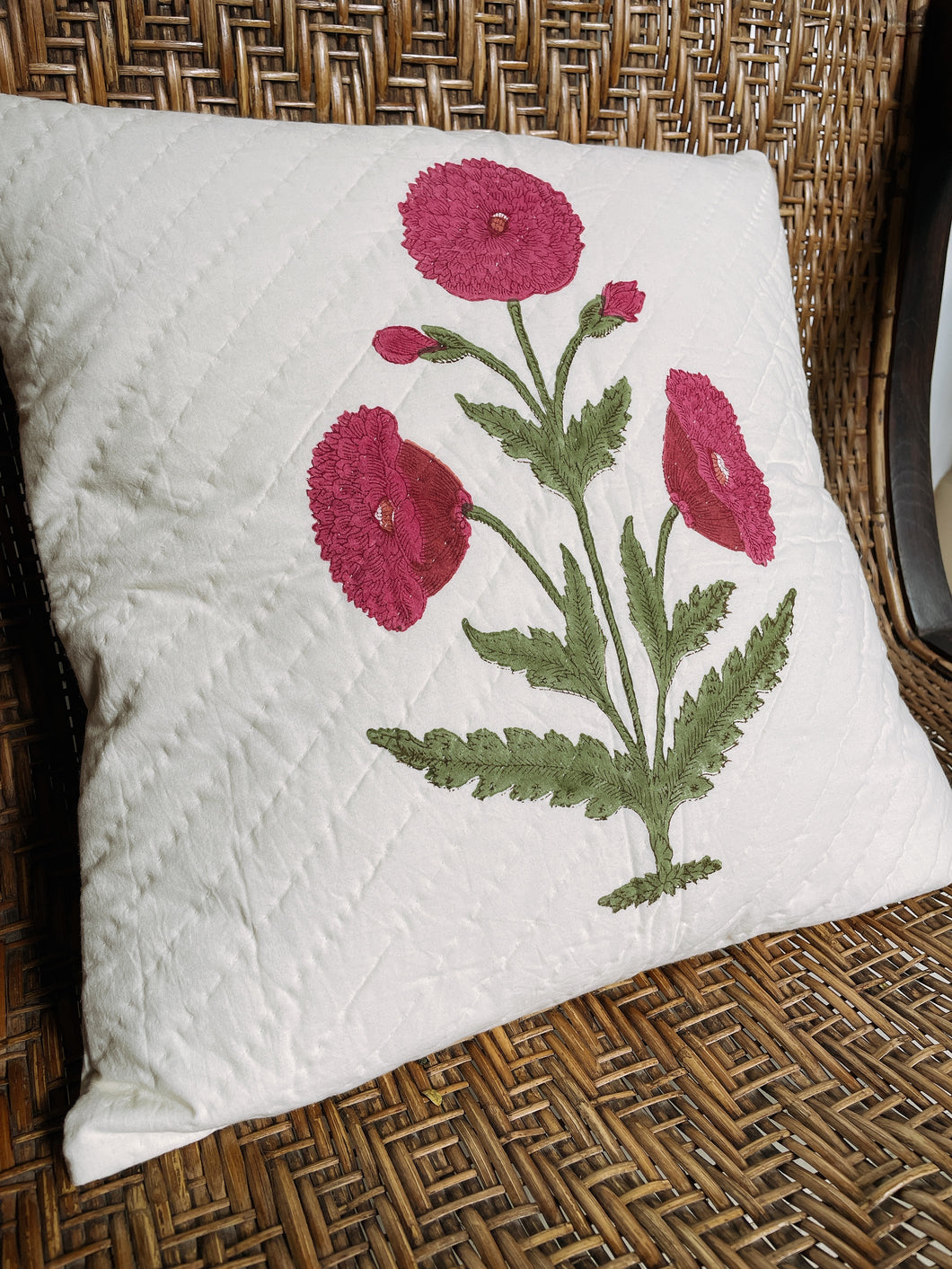 Mughal poppy cushions - 16”x16” - hand quilted