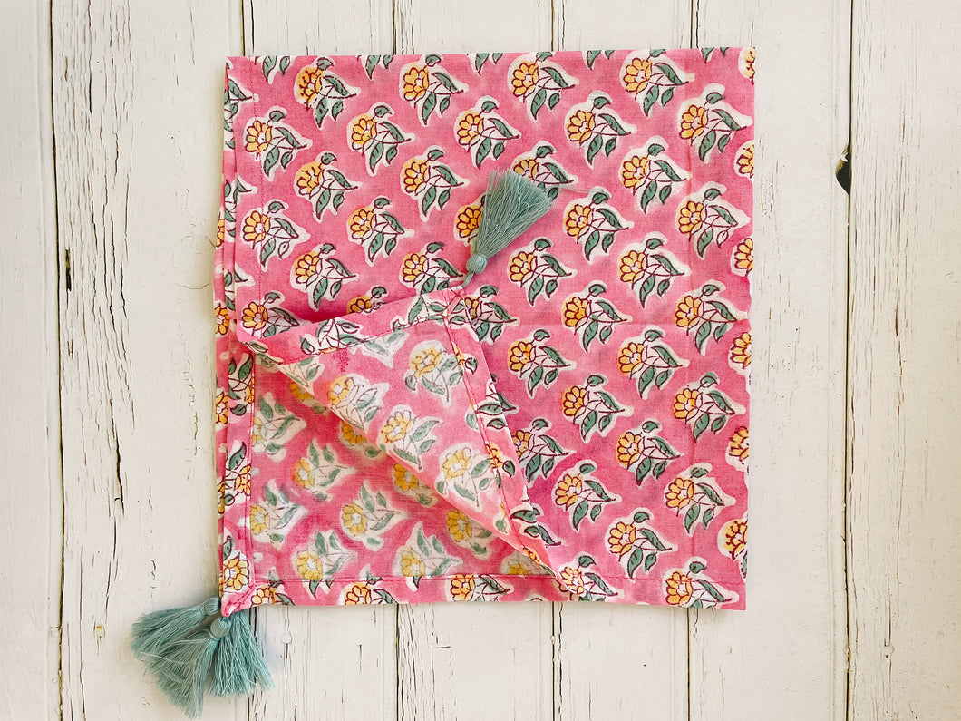 Block printed napkins with tassels  (set of 6) - pink with green tassels