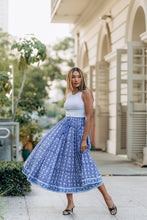 Load image into Gallery viewer, Panelled skirt with pockets - blue with white small lotus
