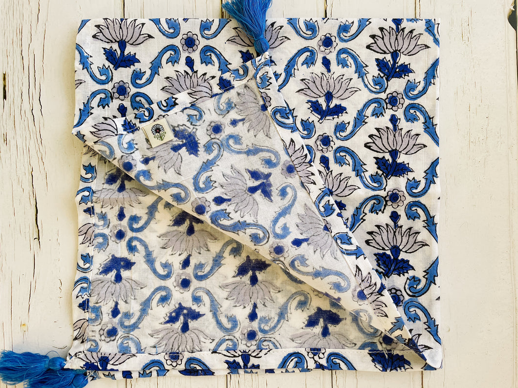 Block printed napkins with tassels  (set of 6) - Blue