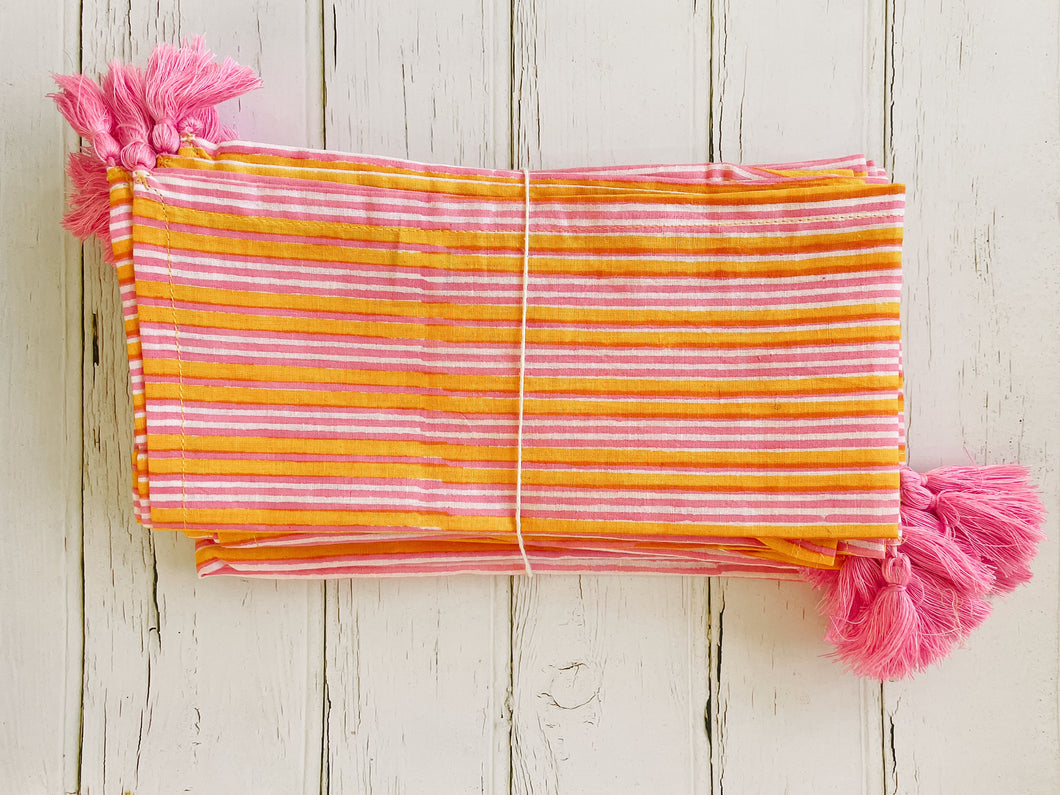 Block printed napkins with tassels  (set of 6) - orange & pink stripes