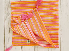 Load image into Gallery viewer, Block printed napkins with tassels  (set of 6) - orange &amp; pink stripes
